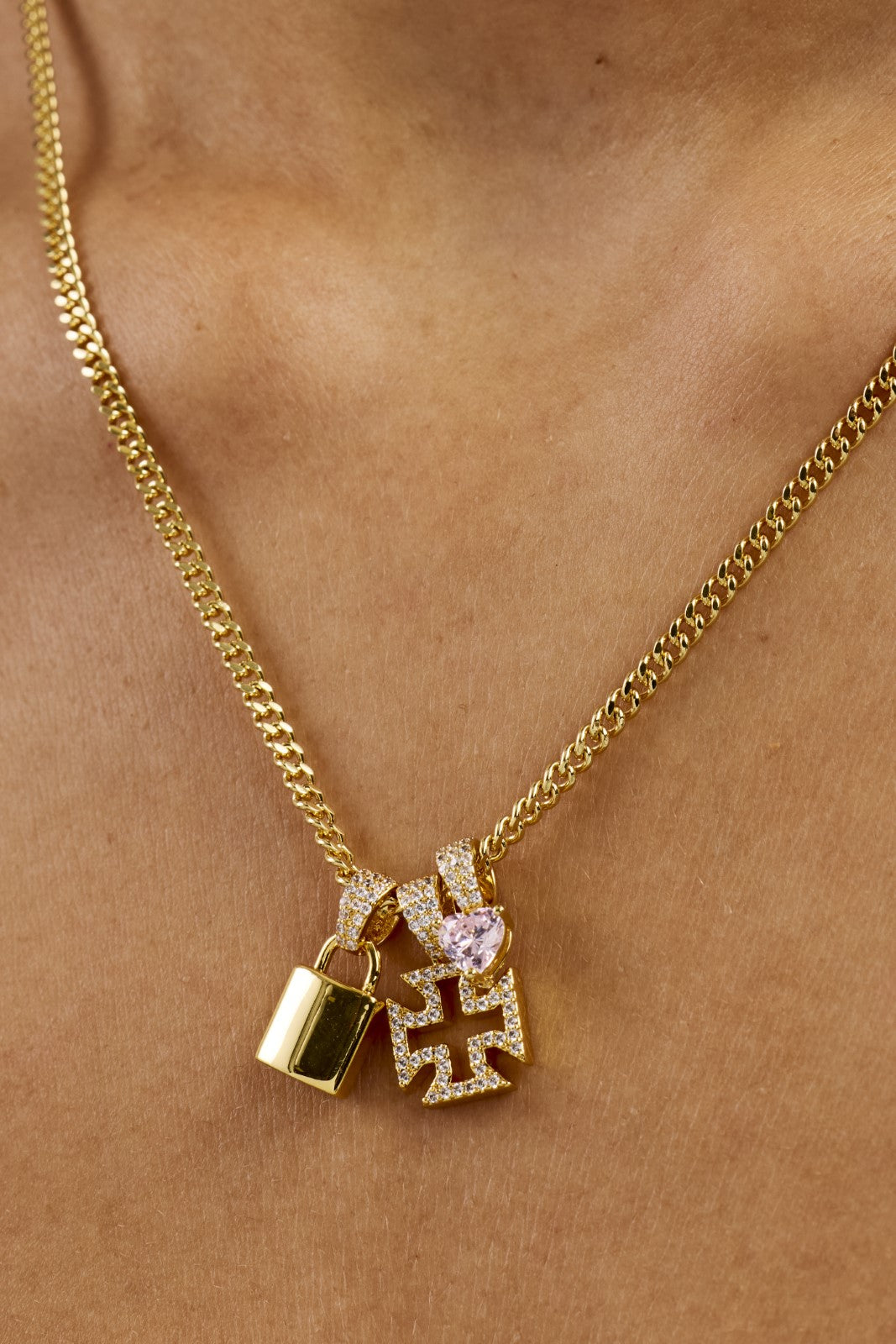 Triple Heart & Lock Pendant Necklace - 10mm - Gold